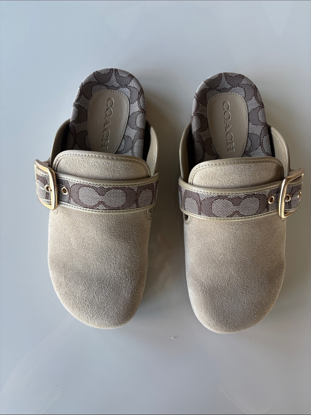 Coach Beige Suede Logo-Trim Mules